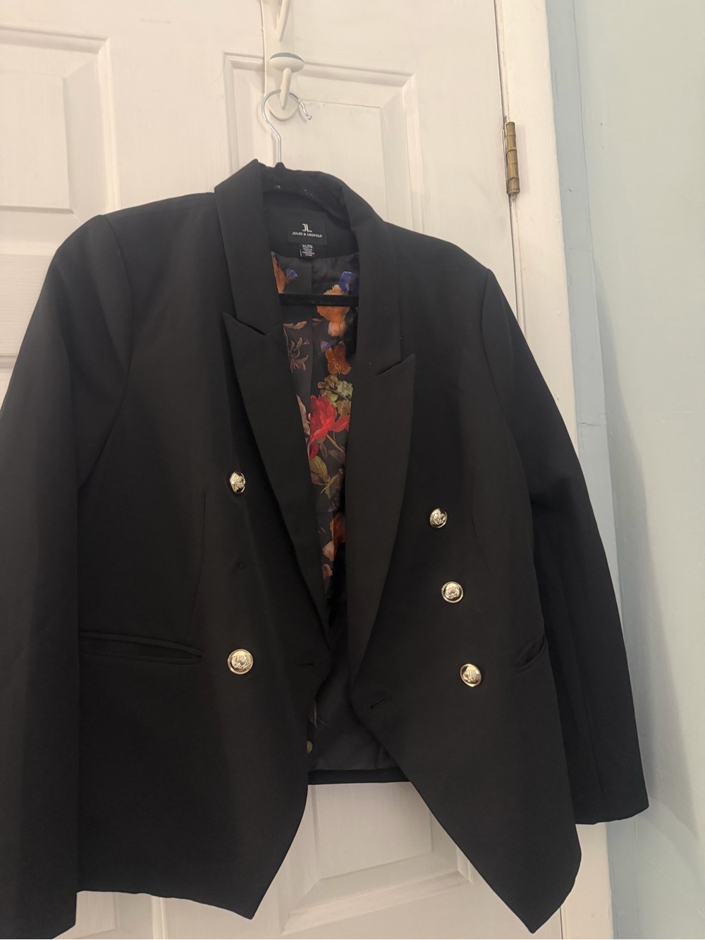 Jules & Leopold Black Double Breasted Blazer XL Gold Buttons Floral Lining